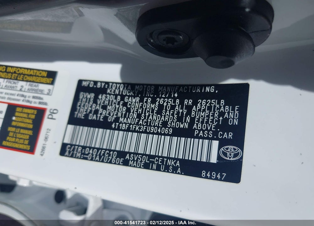 2015 TOYOTA CAMRY LE VIN: 4T1BF1FK3FU904069