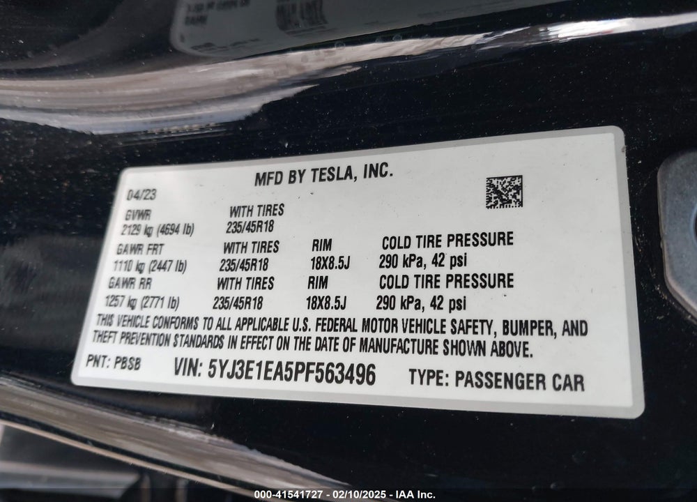 2023 TESLA MODEL 3 REAR-WHEEL DRIVE VIN: 5YJ3E1EA5PF563496