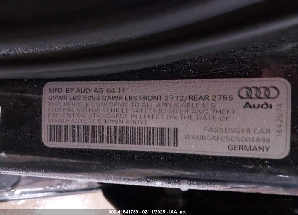 2012 AUDI A6 VIN: WAUBGAFC5CN004898