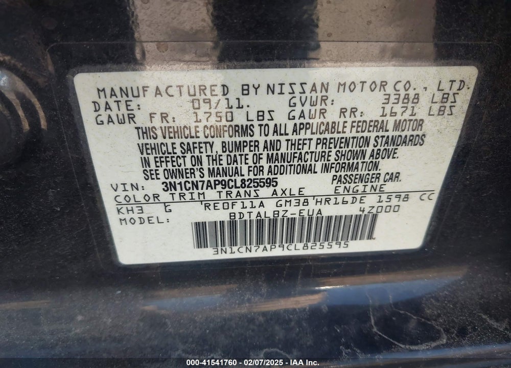 2012 NISSAN VERSA 1.6 SV VIN: 3N1CN7AP9CL825595