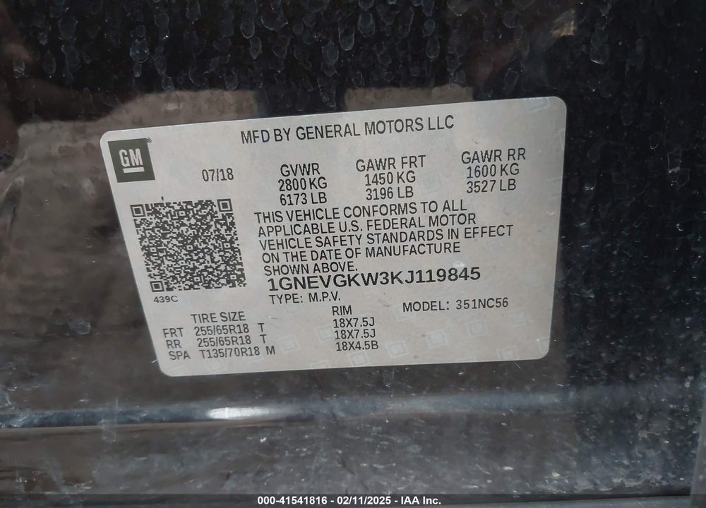 2019 CHEVROLET TRAVERSE 1LT VIN: 1GNEVGKW3KJ119845