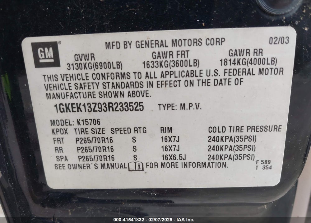 2003 GMC YUKON SLT VIN: 1GKEK13Z93R233525