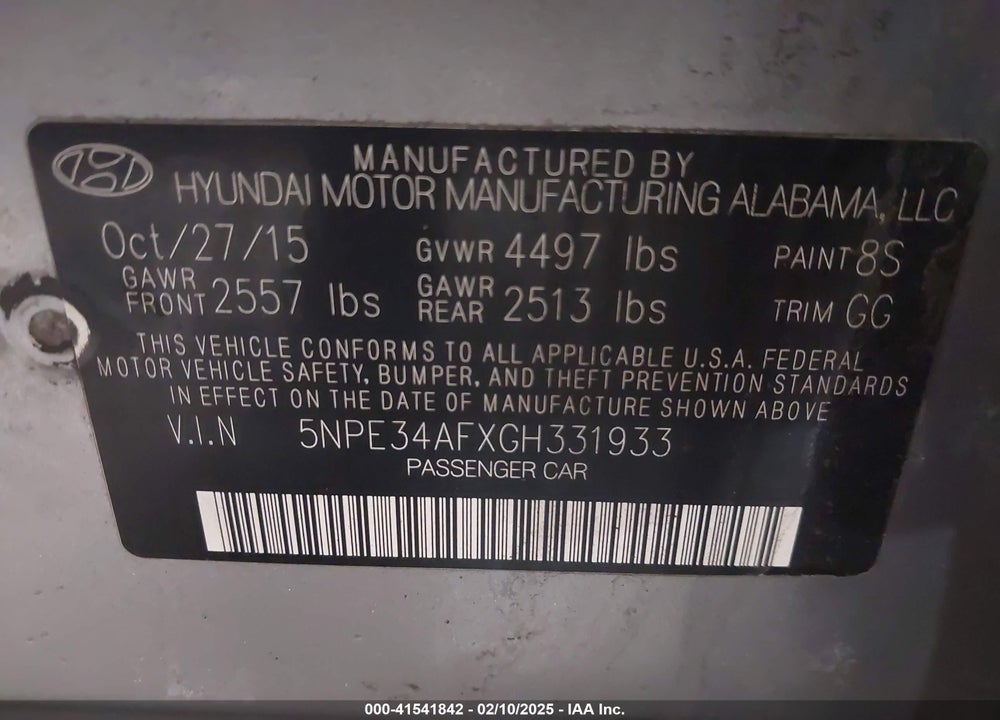 2016 HYUNDAI SONATA VIN: 5NPE34AFXGH331933