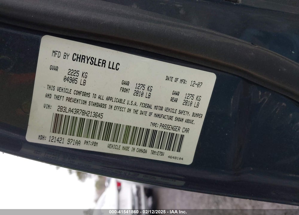 2008 DODGE CHARGER VIN: 2B3LA43R78H213645