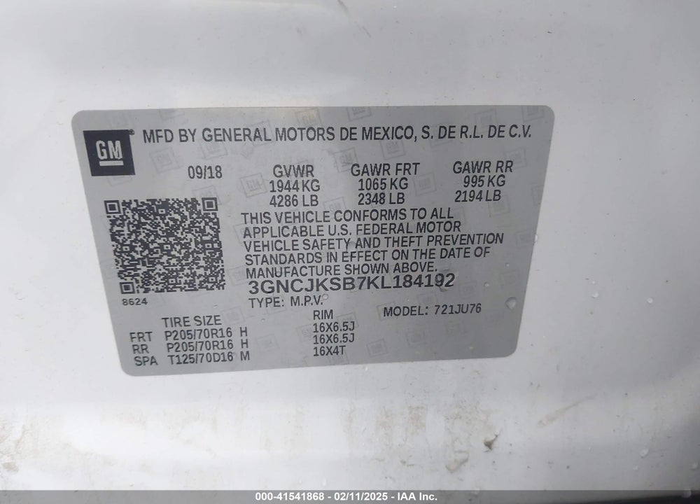 2019 CHEVROLET TRAX LS VIN: 3GNCJKSB7KL184192