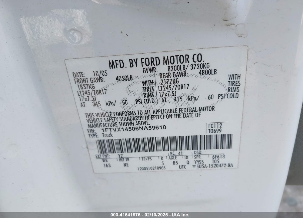 2006 FORD F-150 FX4/LARIAT/XL/XLT VIN: 1FTVX14506NA59610