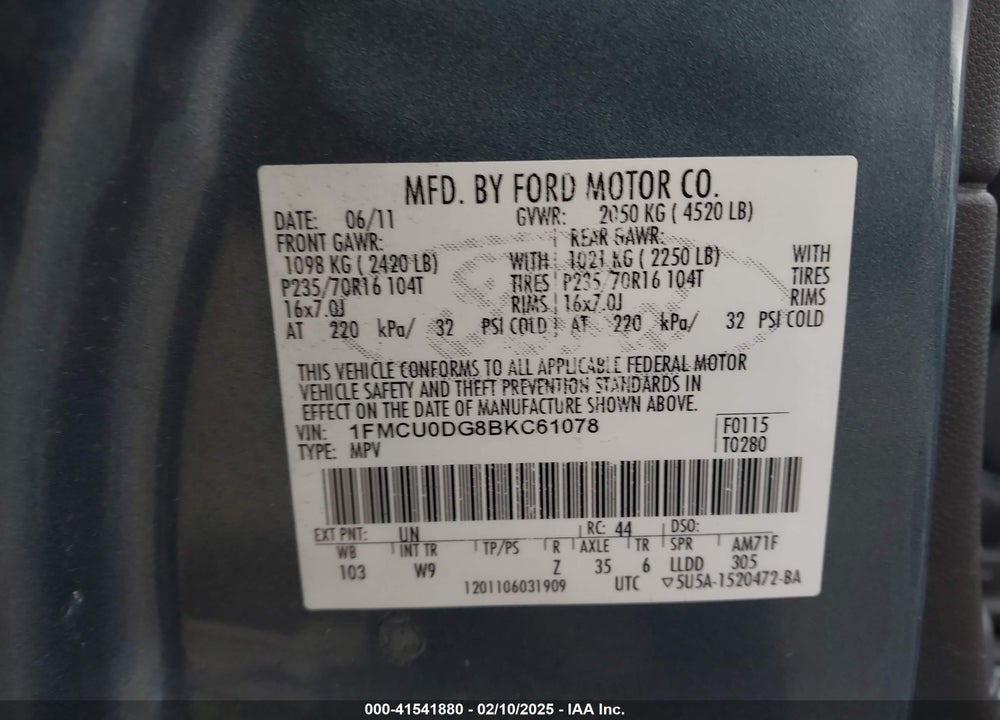 2011 FORD ESCAPE VIN: 1FMCU0DG8BKC61078
