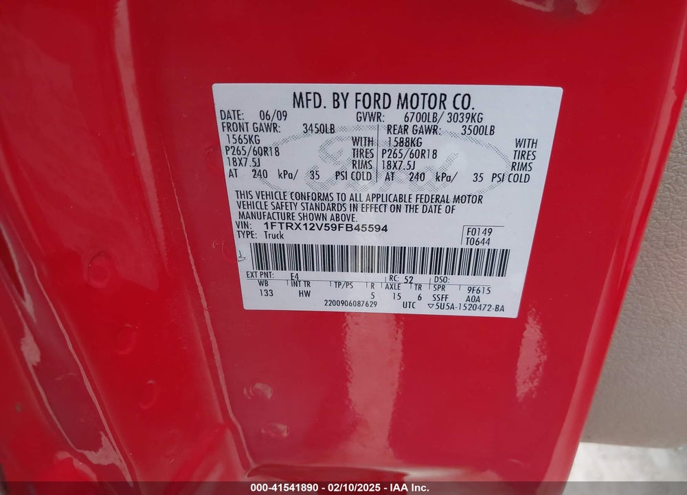 2009 FORD F-150 LARIAT/XL/XLT VIN: 1FTRX12V59FB45594