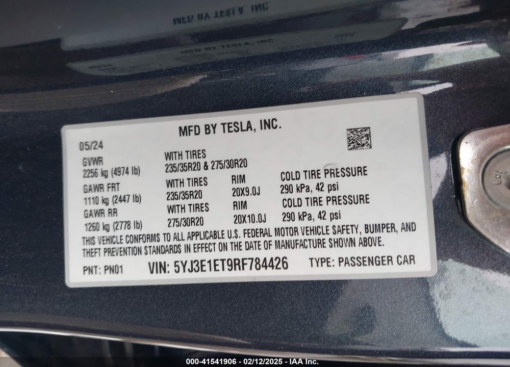 2024 TESLA MODEL 3 VIN: 5YJ3E1ET9RF784426