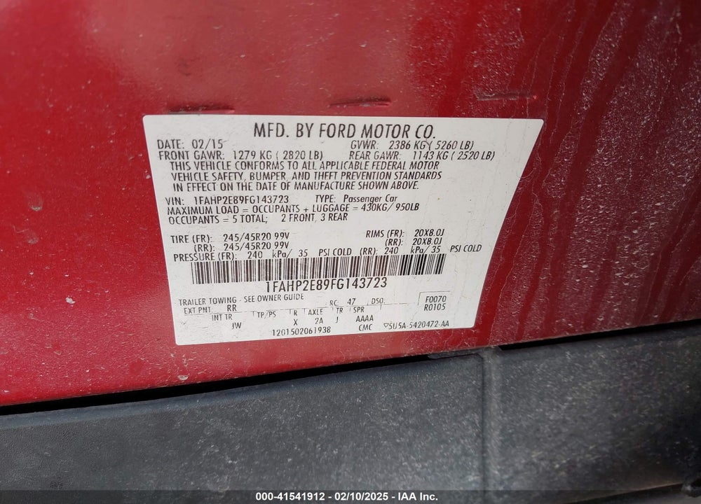 2015 FORD TAURUS VIN: 1FAHP2E89FG143723