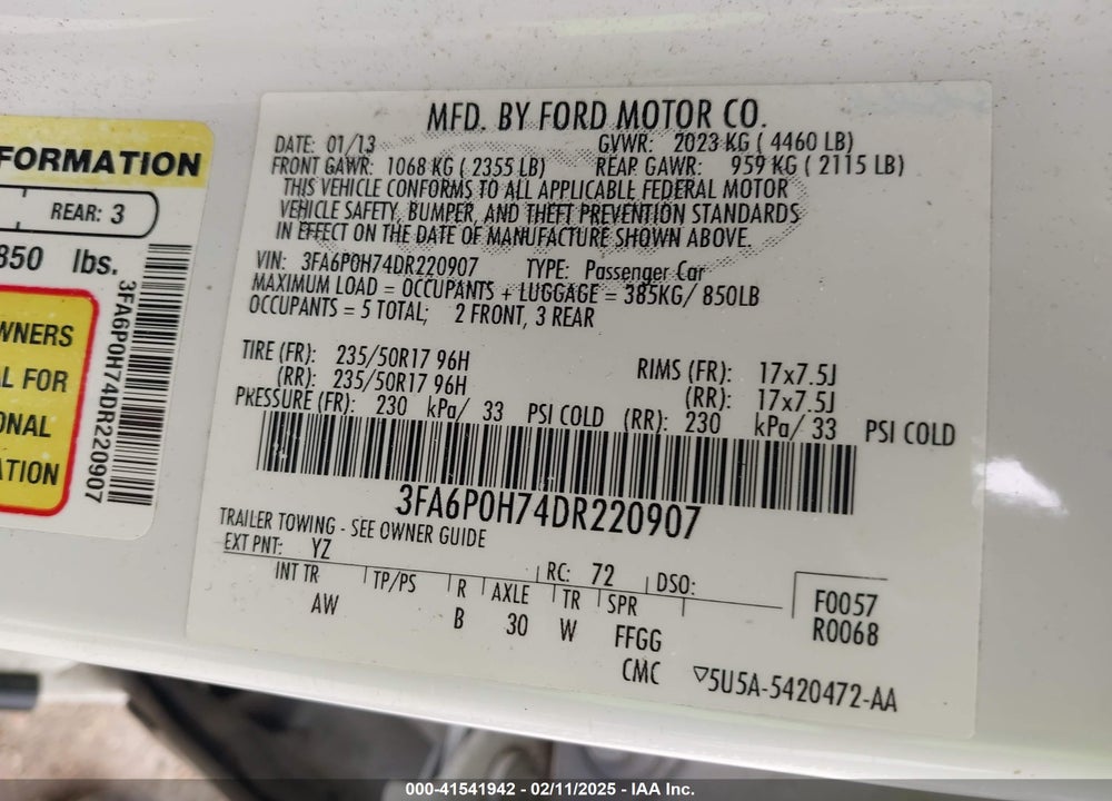 2013 FORD FUSION VIN: 3FA6P0H74DR220907