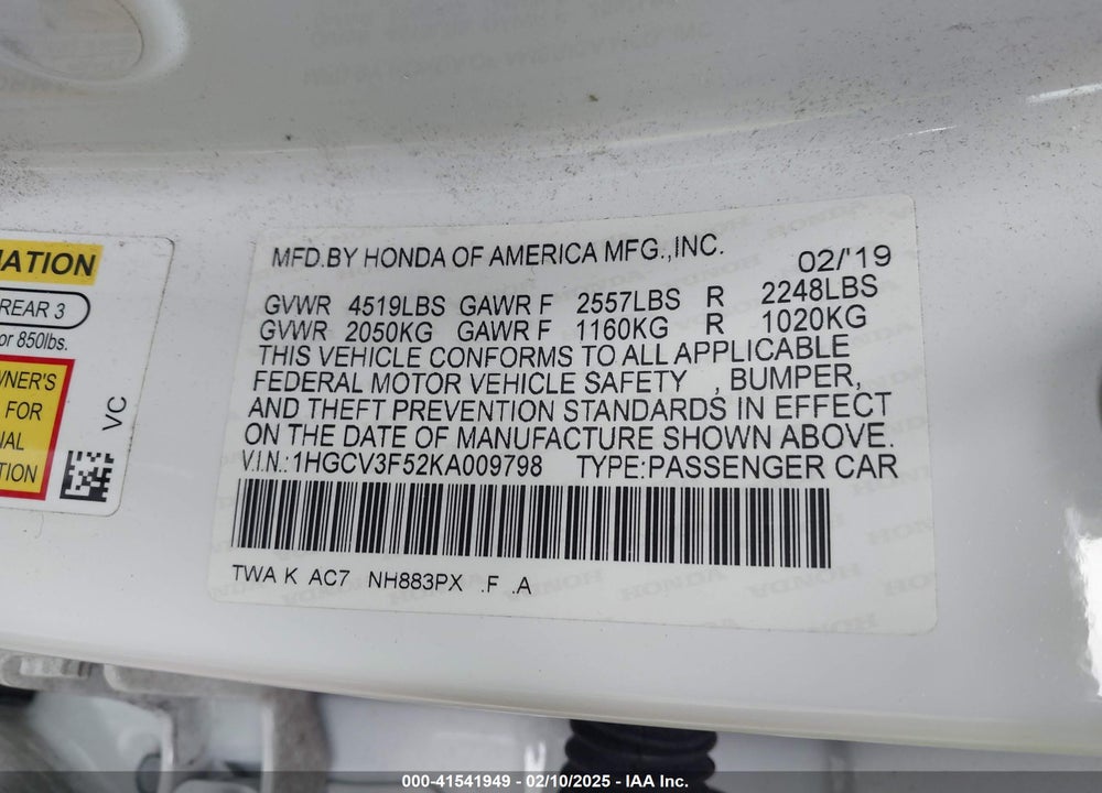 2019 HONDA ACCORD HYBRID VIN: 1HGCV3F52KA009798