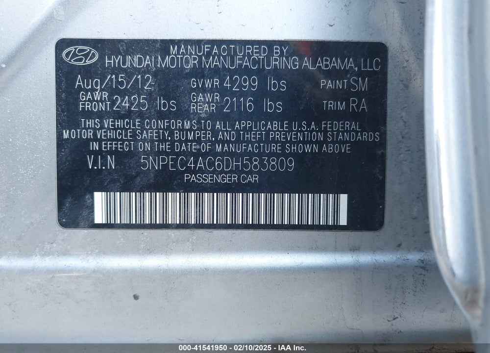 2013 HYUNDAI SONATA VIN: 5NPEC4AC6DH583809