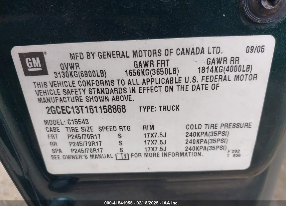 2006 CHEVROLET SILVERADO 1500 LT1 VIN: 2GCEC13T161158868