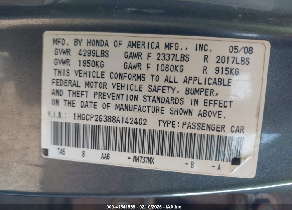 2008 HONDA ACCORD VIN: 1HGCP26388A142402
