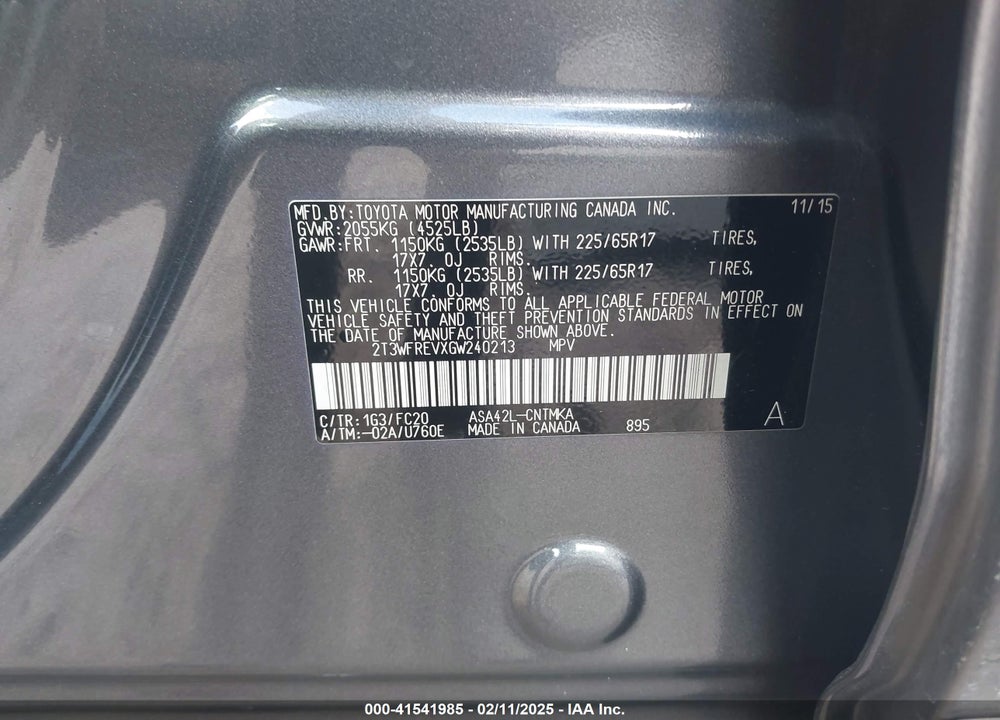 2016 TOYOTA RAV4 XLE VIN: 2T3WFREVXGW240213