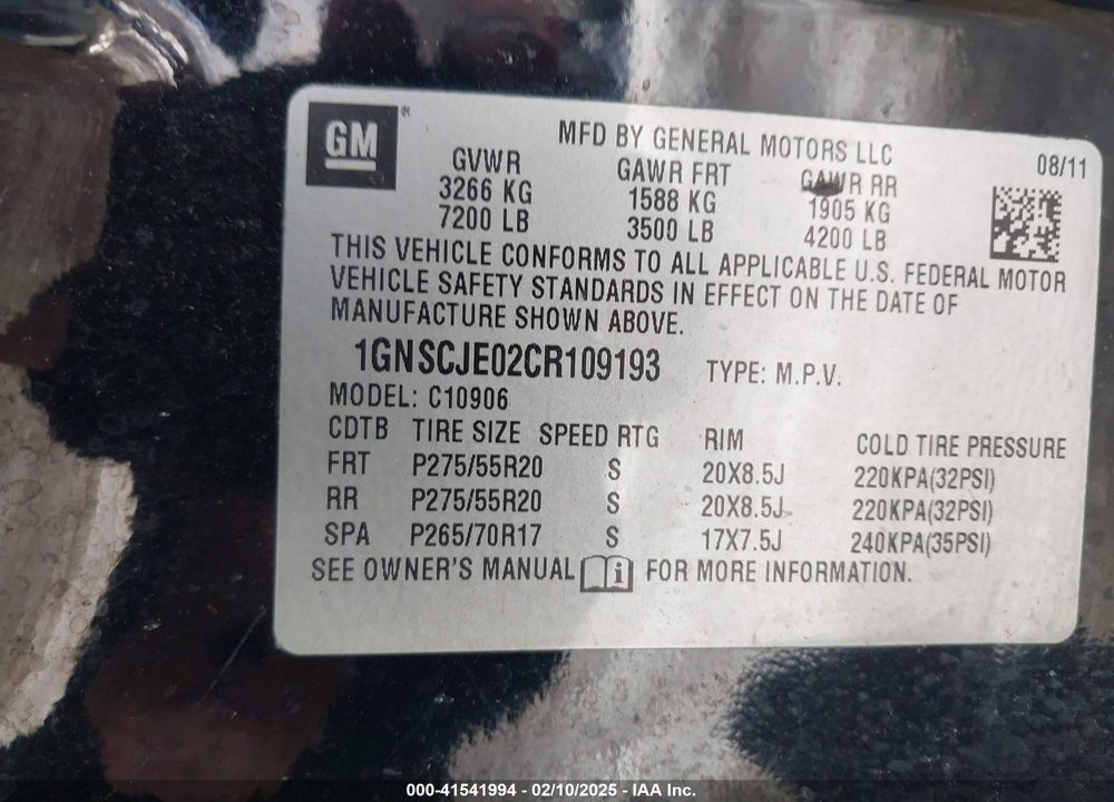 2012 CHEVROLET SUBURBAN 1500 VIN: 1GNSCJE02CR109193