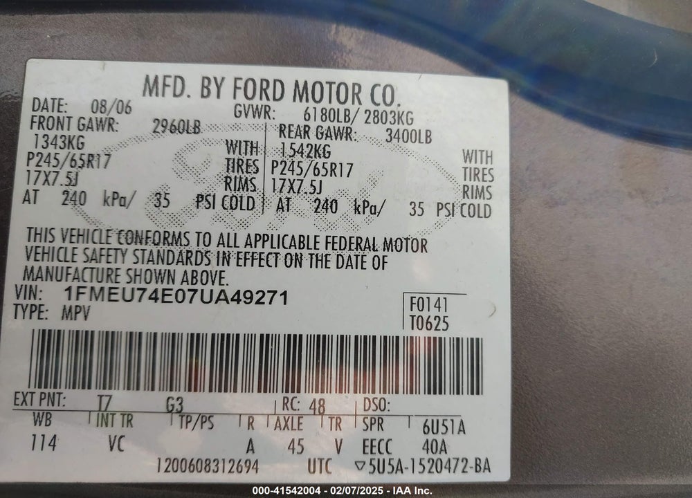2007 FORD EXPLORER EDDIE BAUER VIN: 1FMEU74E07UA49271