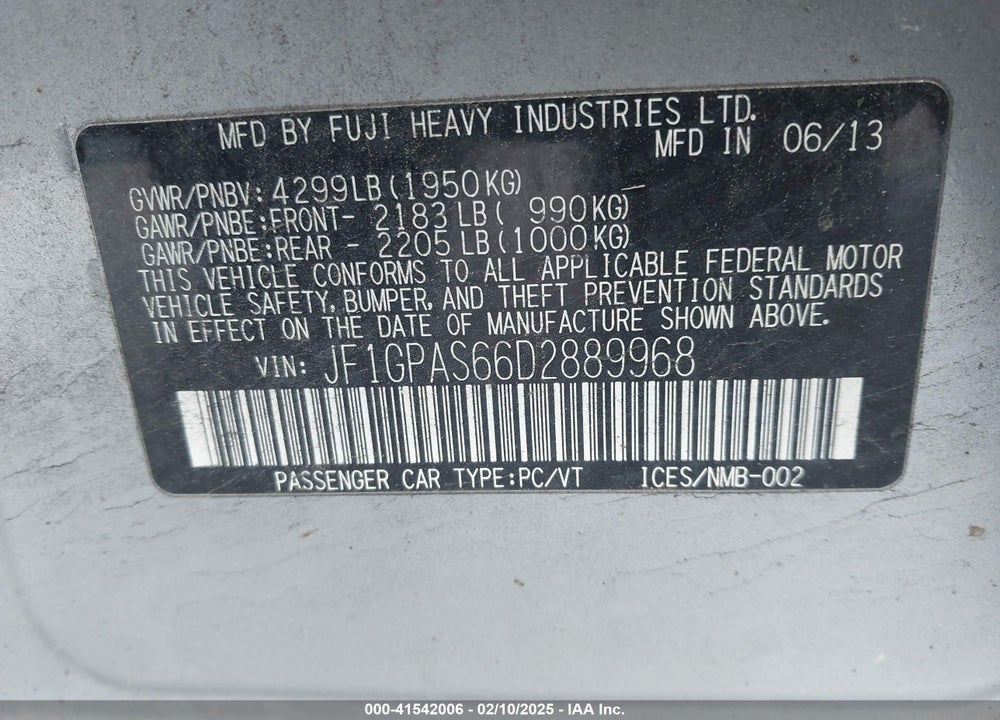 2013 SUBARU IMPREZA 2.0I SPORT LIMITED VIN: JF1GPAS66D2889968