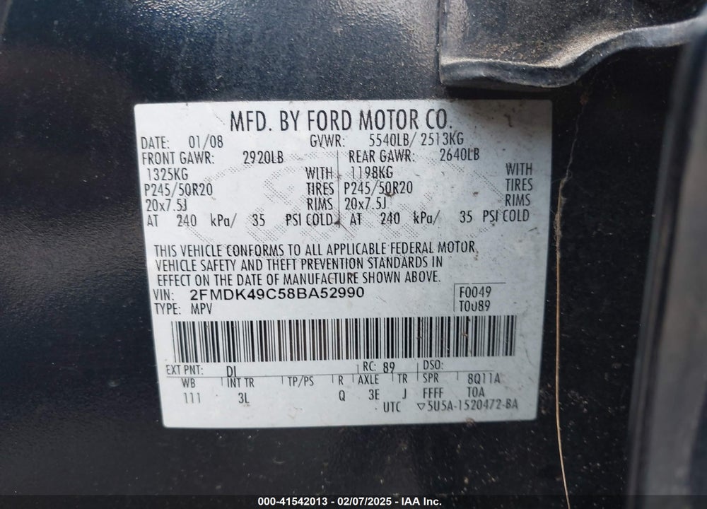 2008 FORD EDGE LIMITED VIN: 2FMDK49C58BA52990