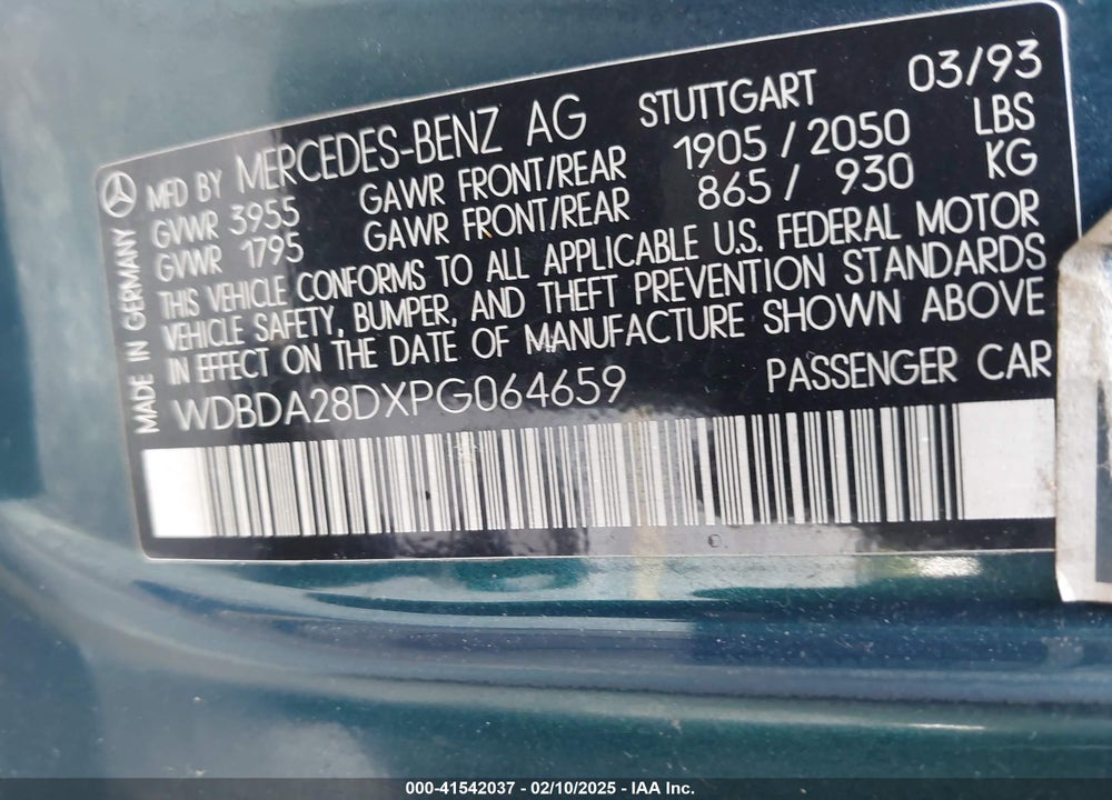 1993 MERCEDES-BENZ 190 E 2.3 VIN: WDBDA28DXPG064659