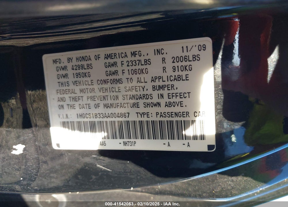2010 HONDA ACCORD VIN: 1HGCS1B33AA004867