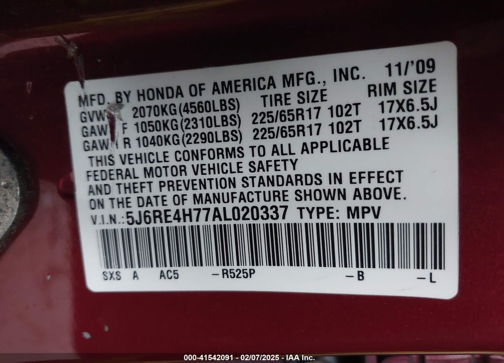 2010 HONDA CR-V EX-L VIN: 5J6RE4H77AL020337