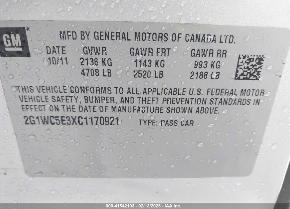 2012 CHEVROLET IMPALA VIN: 2G1WC5E3XC1170921
