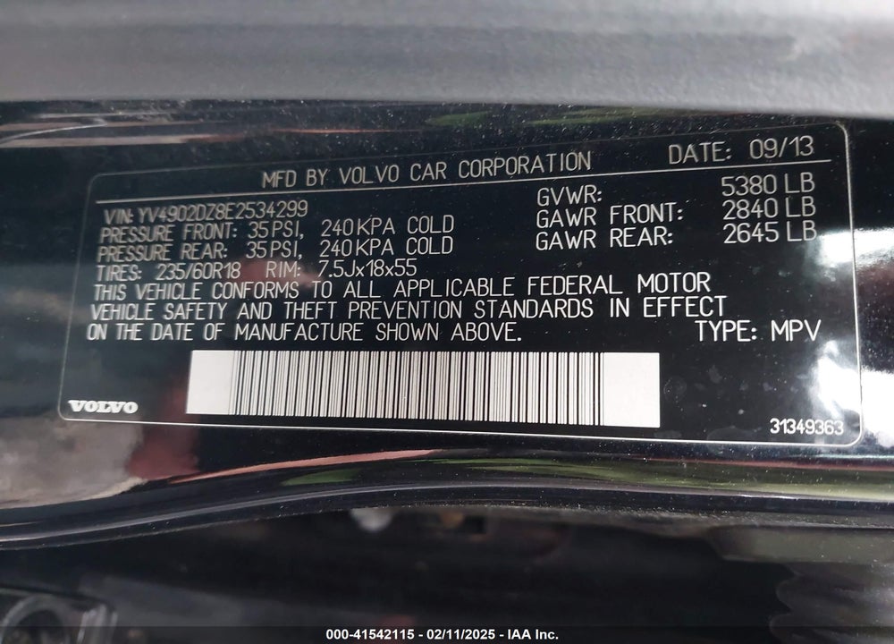 2014 VOLVO XC60 VIN: YV4902DZ8E2534299