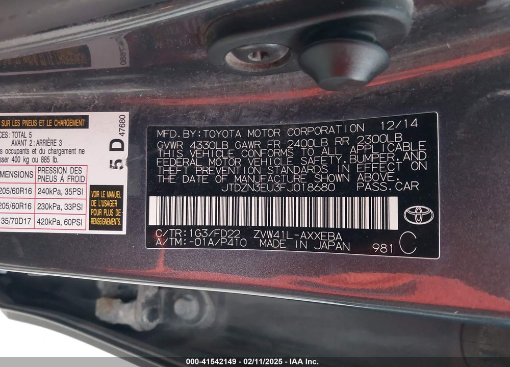 2015 TOYOTA PRIUS V THREE VIN: JTDZN3EU3FJ018680