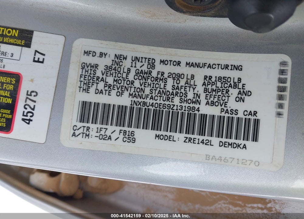 2009 TOYOTA COROLLA VIN: 1NXBU40E69Z131984
