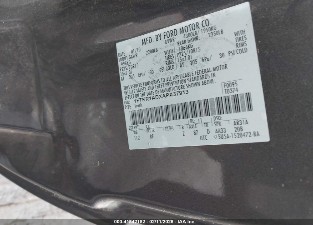2010 FORD RANGER XL/XLT VIN: 1FTKR1ADXAPA37913