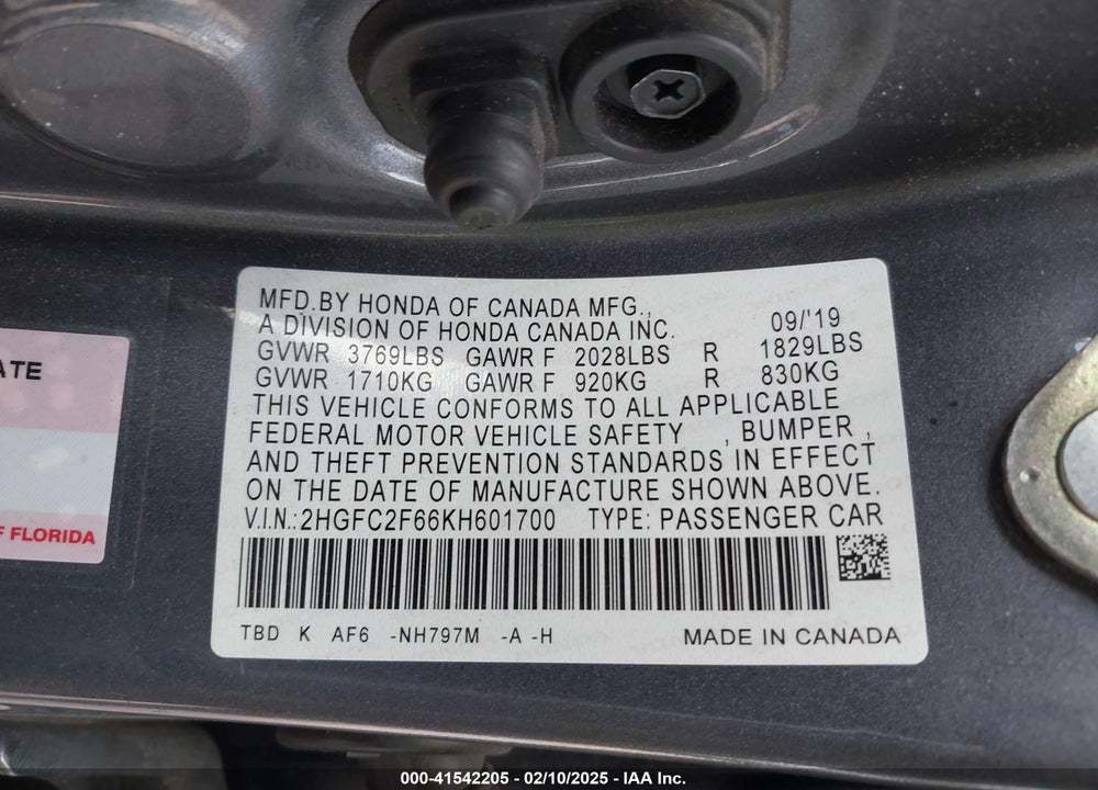 2019 HONDA CIVIC VIN: 2HGFC2F66KH601700
