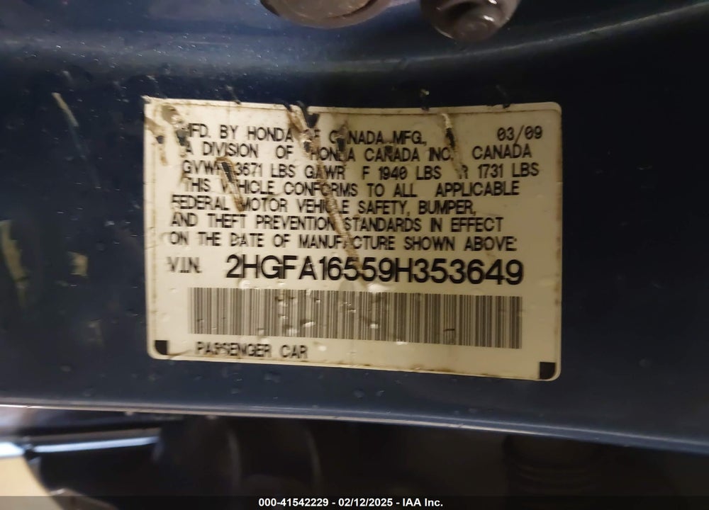 2009 HONDA CIVIC LX VIN: 2HGFA16559H353649