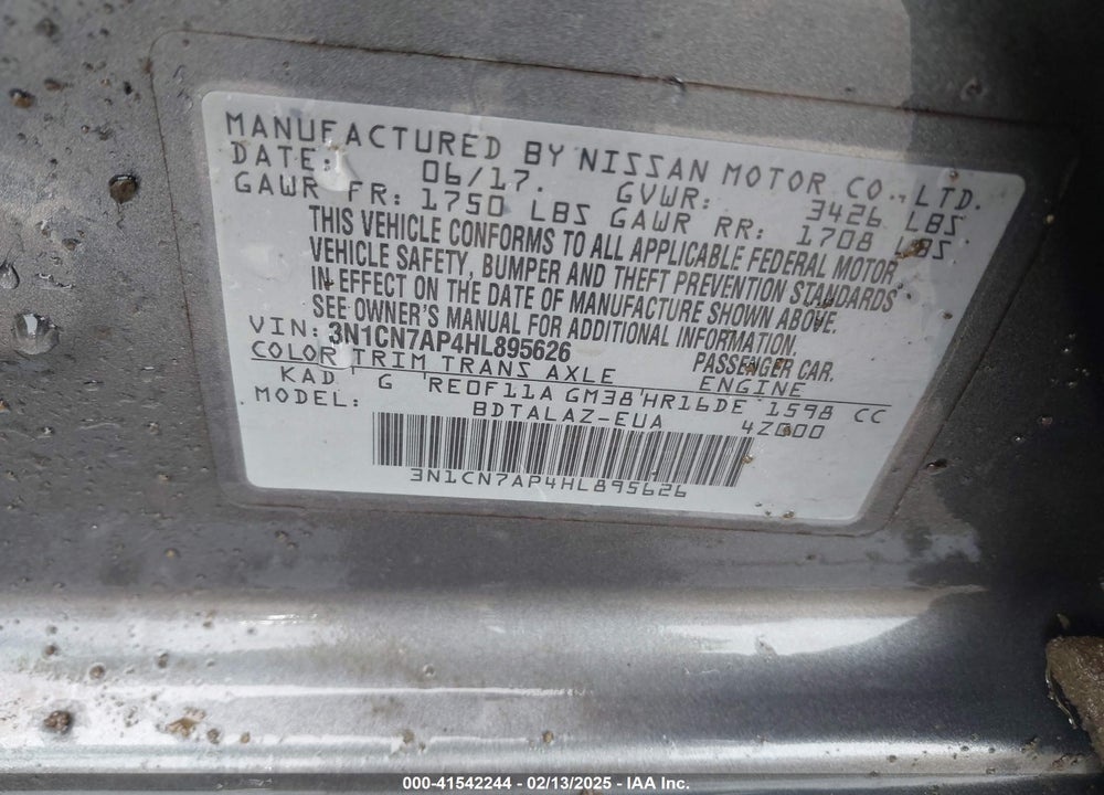 2017 NISSAN VERSA VIN: 3N1CN7AP4HL895626