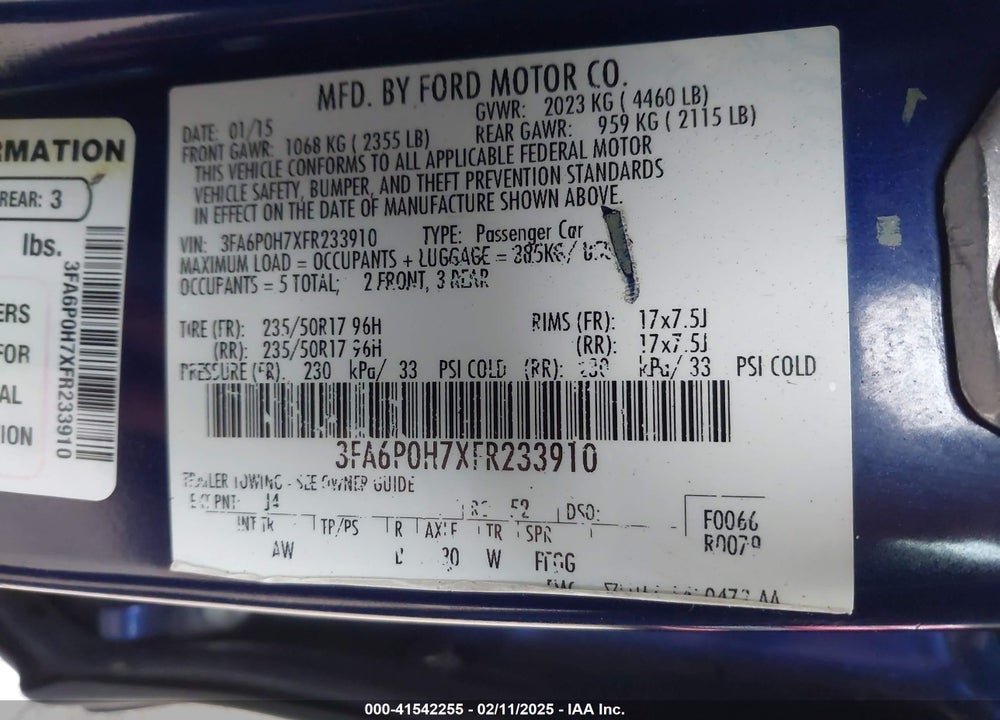 2015 FORD FUSION VIN: 3FA6P0H7XFR233910