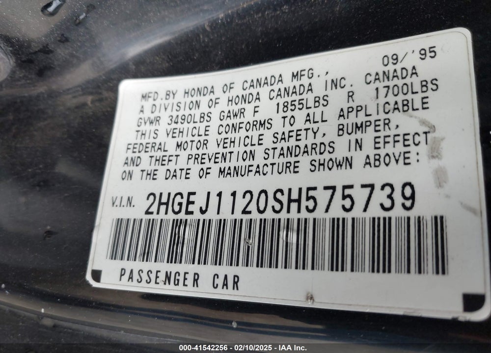 1995 HONDA CIVIC EX VIN: 2HGEJ1120SH575739