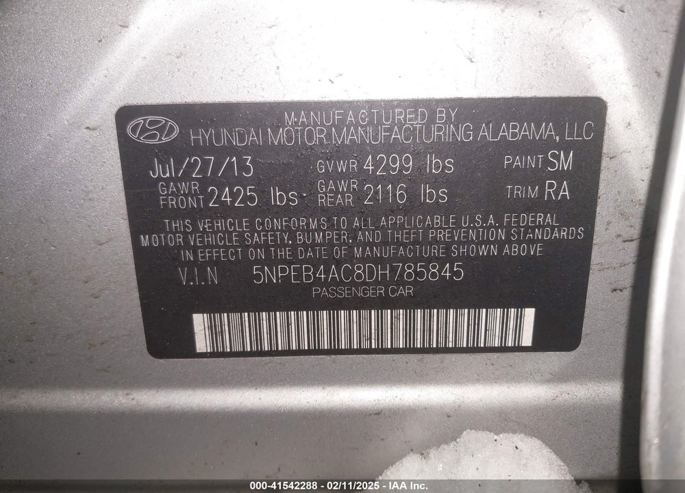 2013 HYUNDAI SONATA VIN: 5NPEB4AC8DH785845
