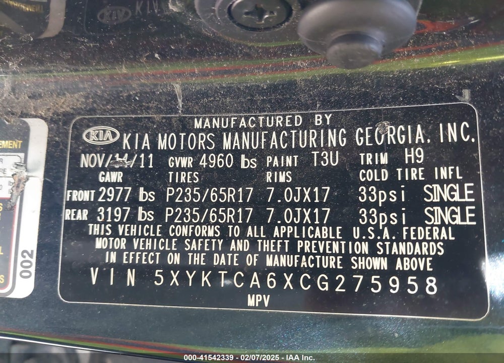 2012 KIA SORENTO VIN: 5XYKTCA6XCG275958