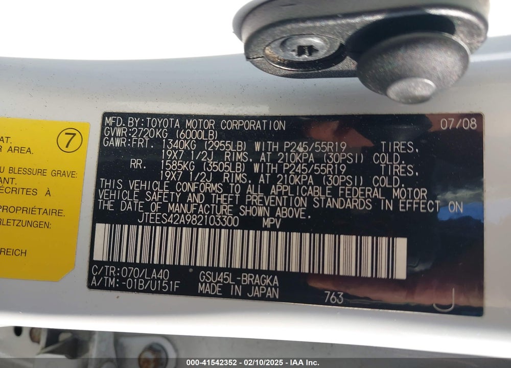 2008 TOYOTA HIGHLANDER LIMITED VIN: JTEES42A982103300