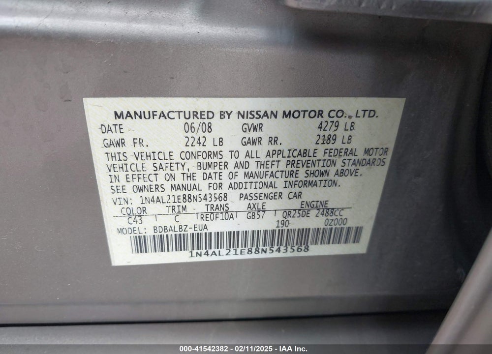 2008 NISSAN ALTIMA VIN: 1N4AL21E88N543568