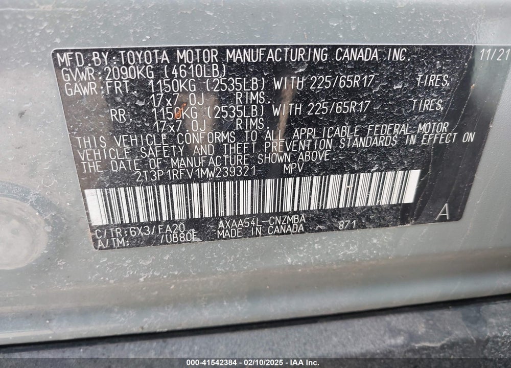 2021 TOYOTA RAV4 VIN: 2T3P1RFV1MW239321