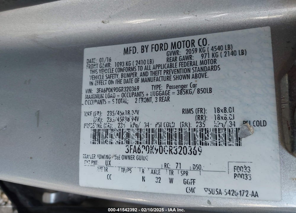 2016 FORD FUSION VIN: 3FA6P0K90GR320369