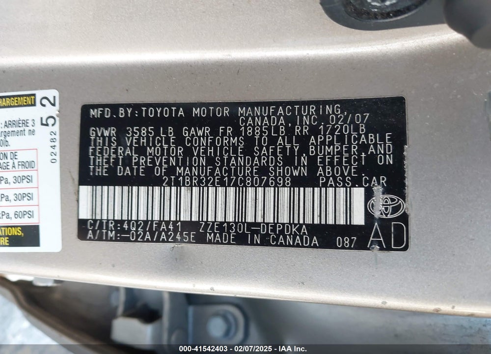 2007 TOYOTA COROLLA CE VIN: 2T1BR32E17C807698