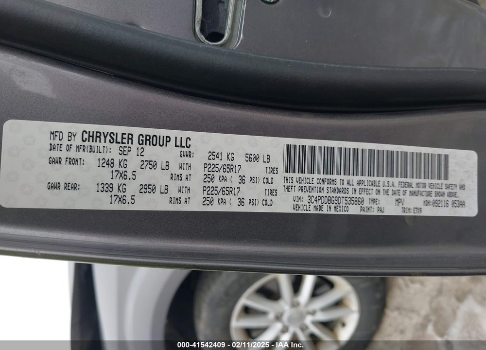 2013 DODGE JOURNEY SXT VIN: 3C4PDDBG9DT535860