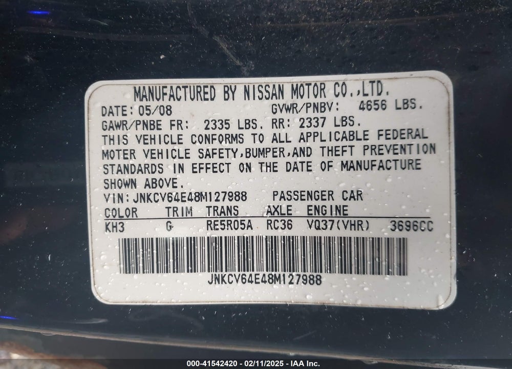 2008 INFINITI G37 VIN: JNKCV64E48M127988