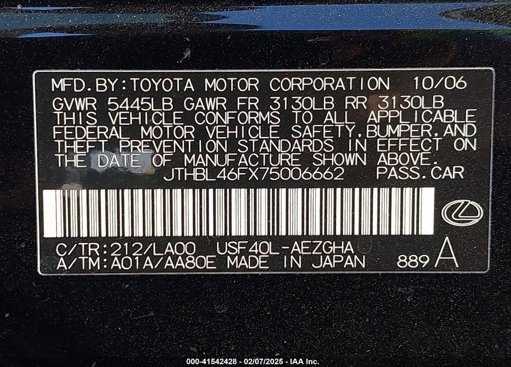 2007 LEXUS LS 460 VIN: JTHBL46FX75006662
