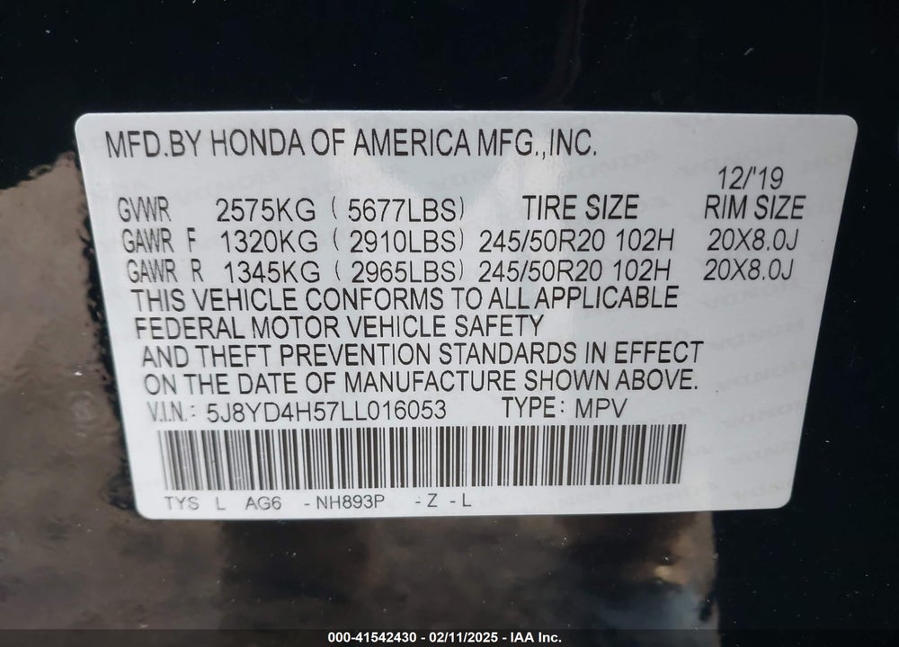 2020 ACURA MDX VIN: 5J8YD4H57LL016053