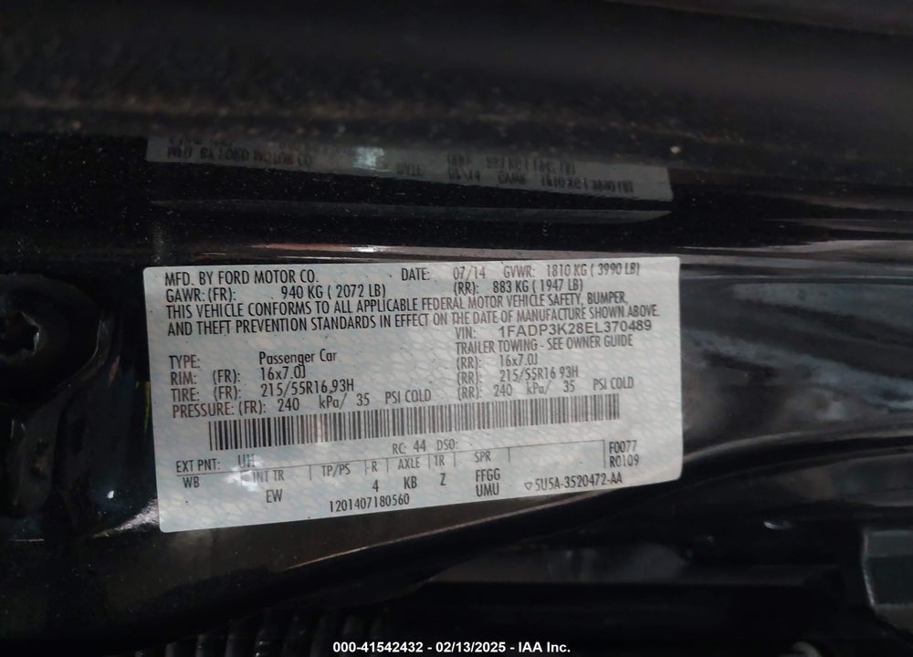 2014 FORD FOCUS VIN: 1FADP3K28EL370489