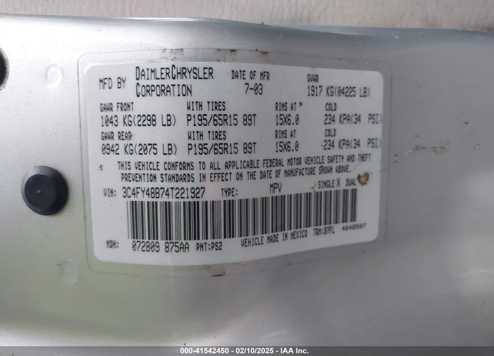 2004 CHRYSLER PT CRUISER VIN: 3C4FY48B74T221927